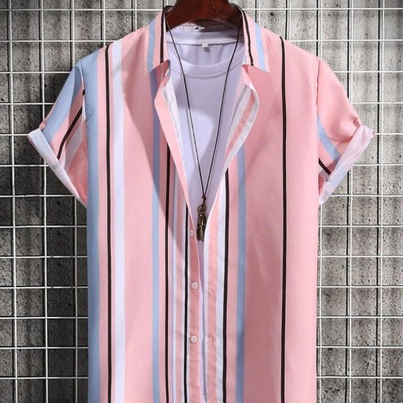 undefined Other - Pink Vacation Style Men's Random Block Striped Shirt
